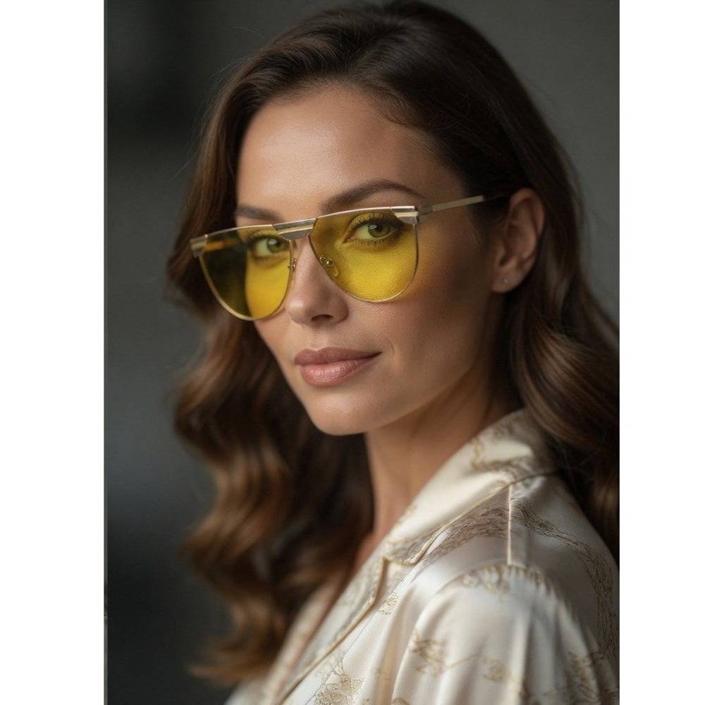 Gold  Sunglasses Yellow Tinted Lens Flat Top Metal Frame Fashion Eyewear‎ Female